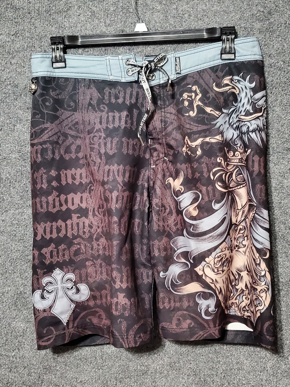 Vintage Y2K Affliction Skull Medallion Grey Black Board Shorts Mens 34 Eagle